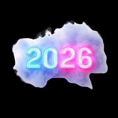 Poster - Futuristic Neon Number Design Representing Year 2026 with Colorful Smoke Effects on Black Background