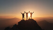 © Bagas - Together overcoming obstacles with three people holding hands up in the air on mountain top , celebrating success and achievements