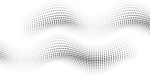 Poster - Flowing dots particles wave pattern halftone black gradient curve shape isolated on white background. Vector in concept of technology, science, music, modern.
