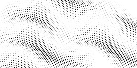 Poster - Flowing dots particles wave pattern halftone black gradient curve shape isolated on white background.