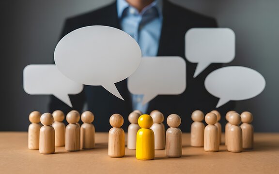 Wooden figures yellow leader group discussion speech bubbles people communication