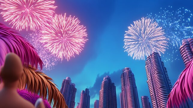 Low Poly Cityscape with Vibrant Fireworks at Night