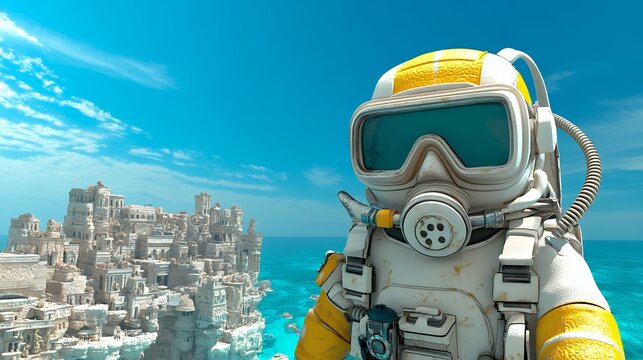 Low Poly Diver Exploring Sunlit Underwater City