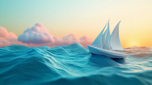 Low Poly Sailboat on Teal Ocean Waves at Sunset