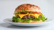 © Patchare - Cheese Burger on plate. Burger featuring a juicy beef patty and melted cheese. Fresh green lettuce and sesame seed bun. hamburger.