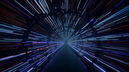 Poster - Abstract Digital Tunnel with Glowing Lines and Looping Light Patterns in a Futuristic Environment