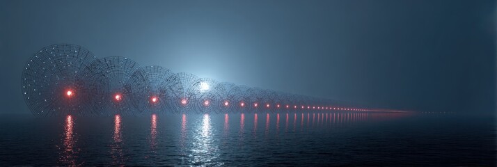 Misty, luminous structure extending across a water surface