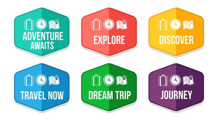 Poster - Colorful travel icons with inspiring messages like 'Adventure Awaits' and 'Dream Trip' are displayed on a white background, perfect for tourism marketing and design projects.