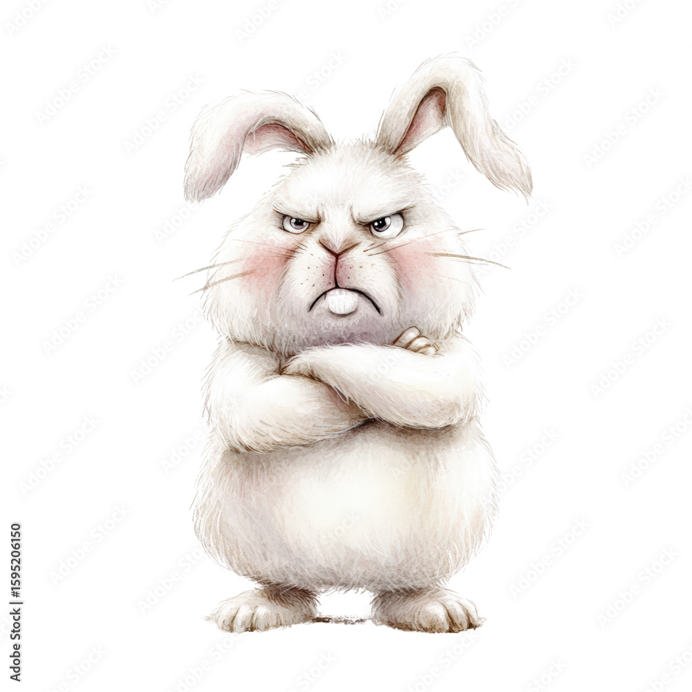 Angry anthropomorphic white rabbit with crossed arms and an irritated ...