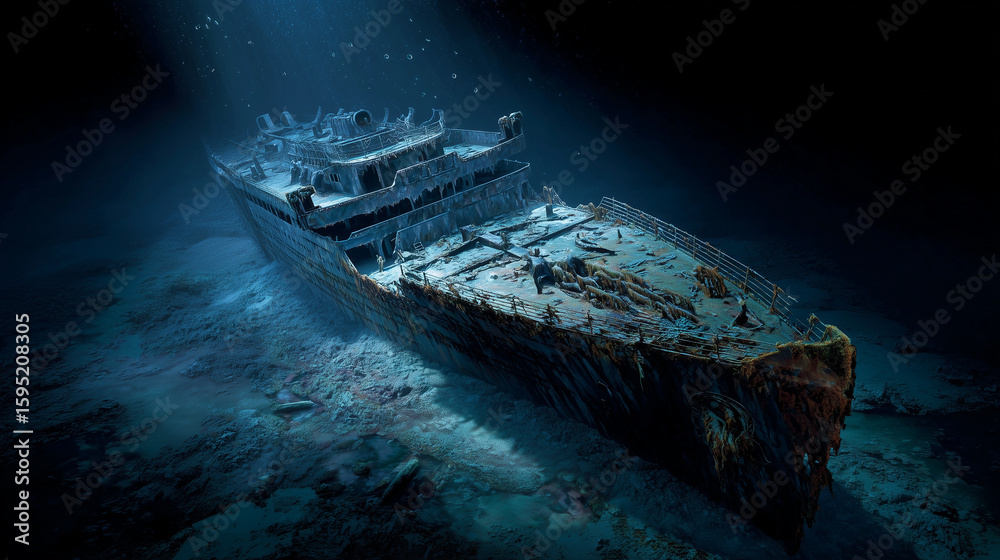 Wreck of the Titanic lying at the ocean floor. A haunting underwater ...