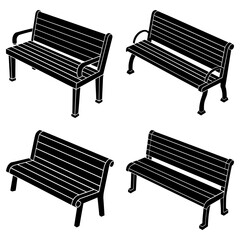 Fototapete - Four black and white isometric park benches with armrests and slatted seats arranged on a white background