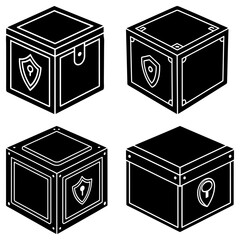 Poster - Illustration of four black isometric boxes with shields and keyhole designs on the front sides
