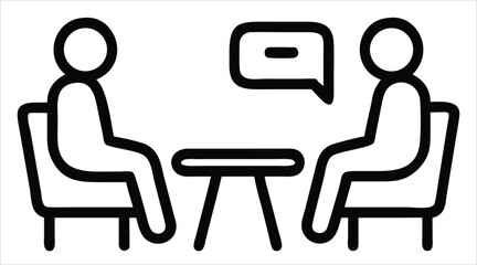 Poster - Two people sit facing each other at a table engaged in conversation, with a speech bubble above indicating dialogue and communication. Business communication materials, counseling, and therapy content