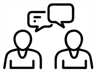 Poster - Two stylized figures engaged in conversation ar represented by simple outlines and speech bubbles symbolizing communication and dialogue in a clear minimalist graphic. Business communication materials