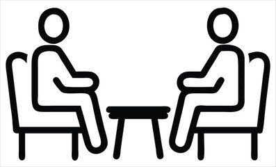 Poster - Two stylized figures sit facing each other across a small table, representing a conversation or meeting in a simple modern iconographic style. Business communication materials, counseling and therapy 