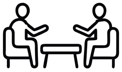 Poster - Two stylized figures sit opposite each other at a table engaged in a discussion or meeting depicted in a simple line art style. Business communication materials, counseling and therapy content