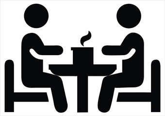 Poster - Two silhouetted figures seated across from each other at a table with a steaming object representing a meeting or conversation. suitable for: Restaurant branding and logos, Menus, brochures, or signag