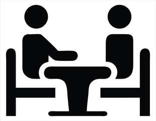 Poster - Two people sitting at a table engaged in conversation or a meeting depicted in a simple black and white silhouette icon. used for: Business or coworking illustrations, restaurant café visuals, social 