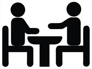 Poster - Two silhouetted figures seated at a round table engaged in discussion or meeting symbolize collaboration and communication. used for: Business or coworking illustrations, restaurant café visuals
