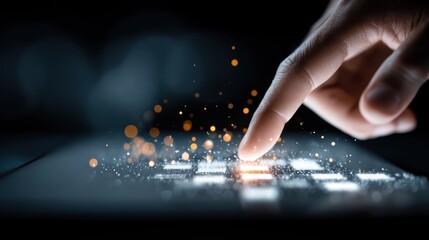 Poster - A finger interacts with a glowing touchscreen device, surrounded by digital particles and light effects, symbolizing technology and innovation, AI with human interaction