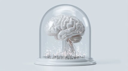 Poster - A digital 3D brain model encased in a glass dome, connected to circuitry below, symbolizing artificial intelligence and neural technology, AI computer case in a glass dome