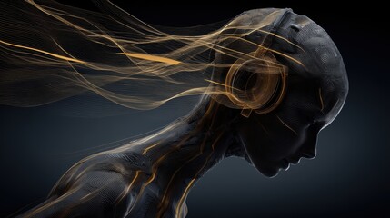 Poster - Futuristic digital illustration of a human head and shoulders with glowing neural network patterns and flowing light strands on a dark background, living AI computer