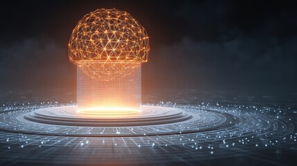 Poster - A glowing, geometric dome structure rises from a circular platform with digital circuitry patterns in a dark, futuristic environment, geometric AI computer
