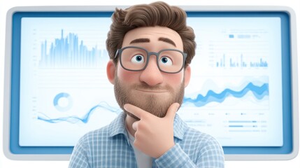 Poster - A thoughtful man with glasses and a beard analyzes data visualizations on a large screen behind him, AI with human interaction