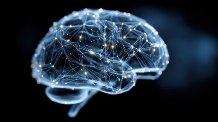 Poster - A digital illustration of a human brain composed of interconnected glowing nodes and lines, representing neural networks and artificial intelligence, AI mindmapping
