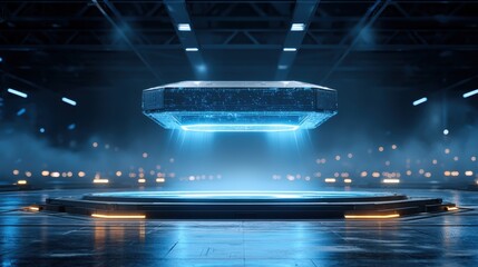 Poster - A futuristic, glowing, holographic platform floats above a high-tech, dimly lit industrial floor with blue lighting and a dark background, space with AI computer