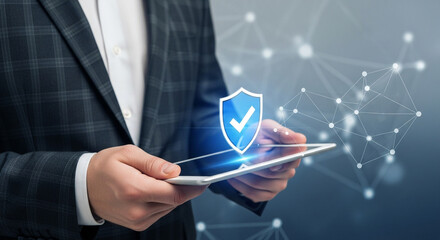 Poster - Businessman holding a tablet displaying a digital shield with a checkmark, symbolizing security and protection in a connected network