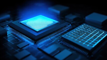 Poster - A glowing blue microchip or processor on a circuit board, symbolizing advanced technology and computing power, AI computer set