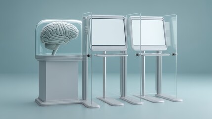 Poster - A 3D-rendered brain is enclosed in a glass dome next to three transparent screens or panels on a reflective surface with a soft blue background, terminal computer shaped like AI brain