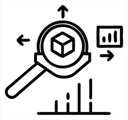 Aufkleber - Magnifying glass inspecting cube with upward arrows and data analytics chart symbolizing business growth and market research. ideal for use in corporate presentations, startup pitch decks, business 