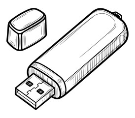 Fototapete - Black and White Line Drawing of a USB Flash Drive with Separated Cap