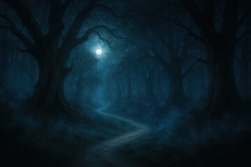 Wall Mural - Enchanted moonlit forest path winding through towering ancient trees with mystical fog and ethereal light