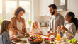 © True Stock - A diverse family enjoying a healthy breakfast together in a bright, sunlit kitchen