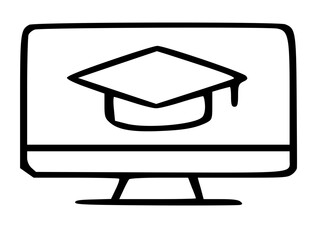 Fototapete - Simple line drawing of a computer monitor displaying a graduation cap, symbolizing online education.
