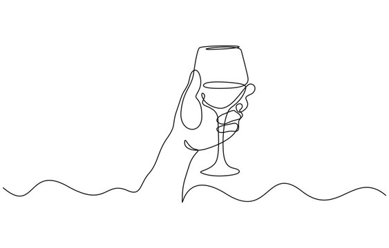 Single line drawing of a champane celabrations, Hand drawn hands hold wine clinking glasses one line art, Hand cheering with glass of champagne. Vector illustration. Editable stroke.