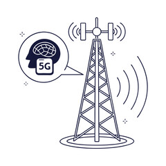 Poster - Tower transmitting brain data network connection silhouette vector illustration