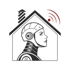 Poster - Robot woman under house roof outline silhouette vector illustration