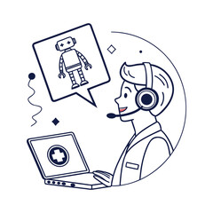 Poster - Medical worker with robot on laptop screen silhouette vector illustration