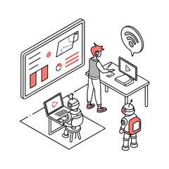 Poster - Human robot collaboration in office space silhouette vector illustration