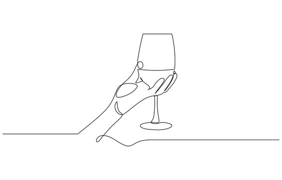 Single line drawing of a champane celabrations, Hand drawn hands hold wine clinking glasses one line art, Hand cheering with glass of champagne. Vector illustration. Editable stroke.