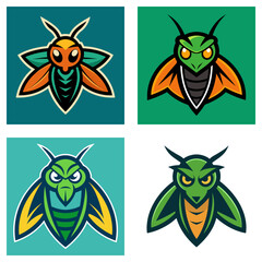 Poster - Four stylized insect logos with different color schemes and backgrounds displayed in a grid format