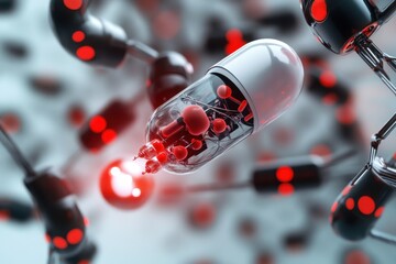 Poster - Innovative capsule with advanced technology and glowing particles in dynamic environment
