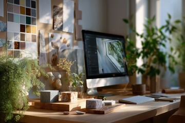 Poster - Creative workspace features natural materials and plants in a well-lit environment with a computer display