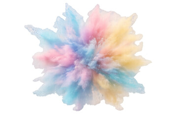 Poster - Vibrant multicolored powder bursting dynamically, creating swirling colorful cloud pattern against transparent backdrop with explosive artistic energy