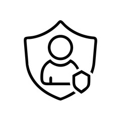 Poster - Person icon inside a shield with another shield next to it in a simple black and white line drawing