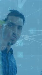 Poster - Animation of connected dots, letters, numbers, texts, symbols, diverse coworkers discussing strategy